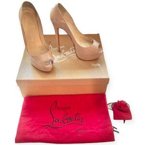 Christian Louboutin Lady Peep Toe 150 Patent Calf Nude Platform Pumps Heel Sz 36